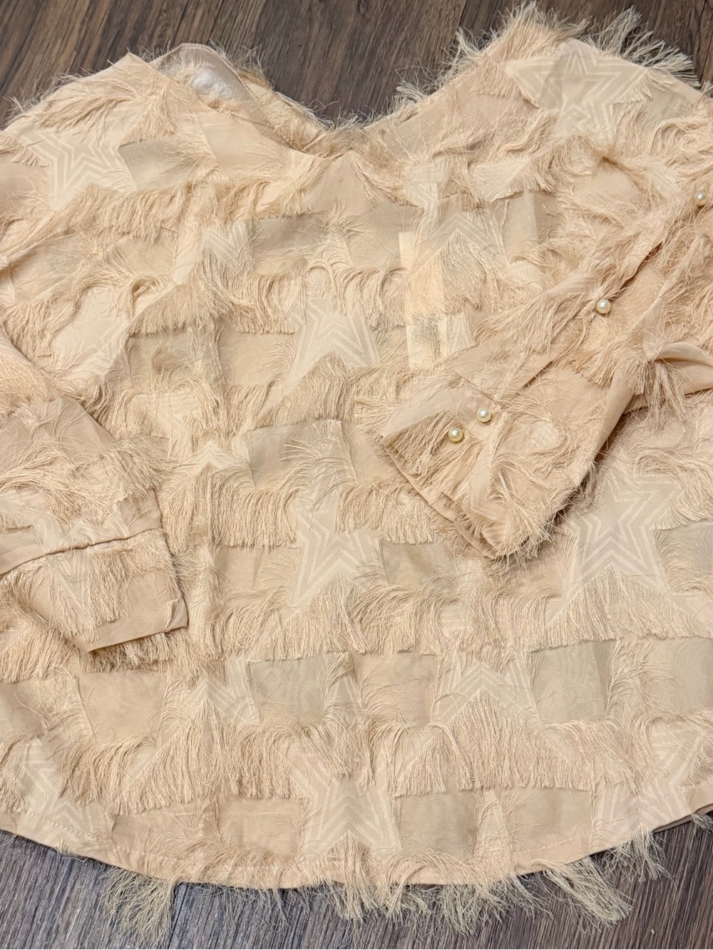 Fringe-Trimmed Blush Pink Blouse with Pearl Cuffs